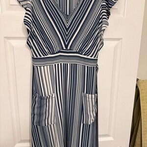 Monteau Navy and White Striped Midi Dress